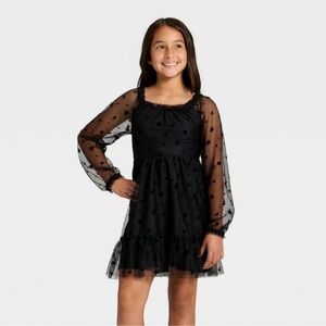 Girls’ Long Sleeve Flocked Mesh Dress - Cat & Jack Black Small